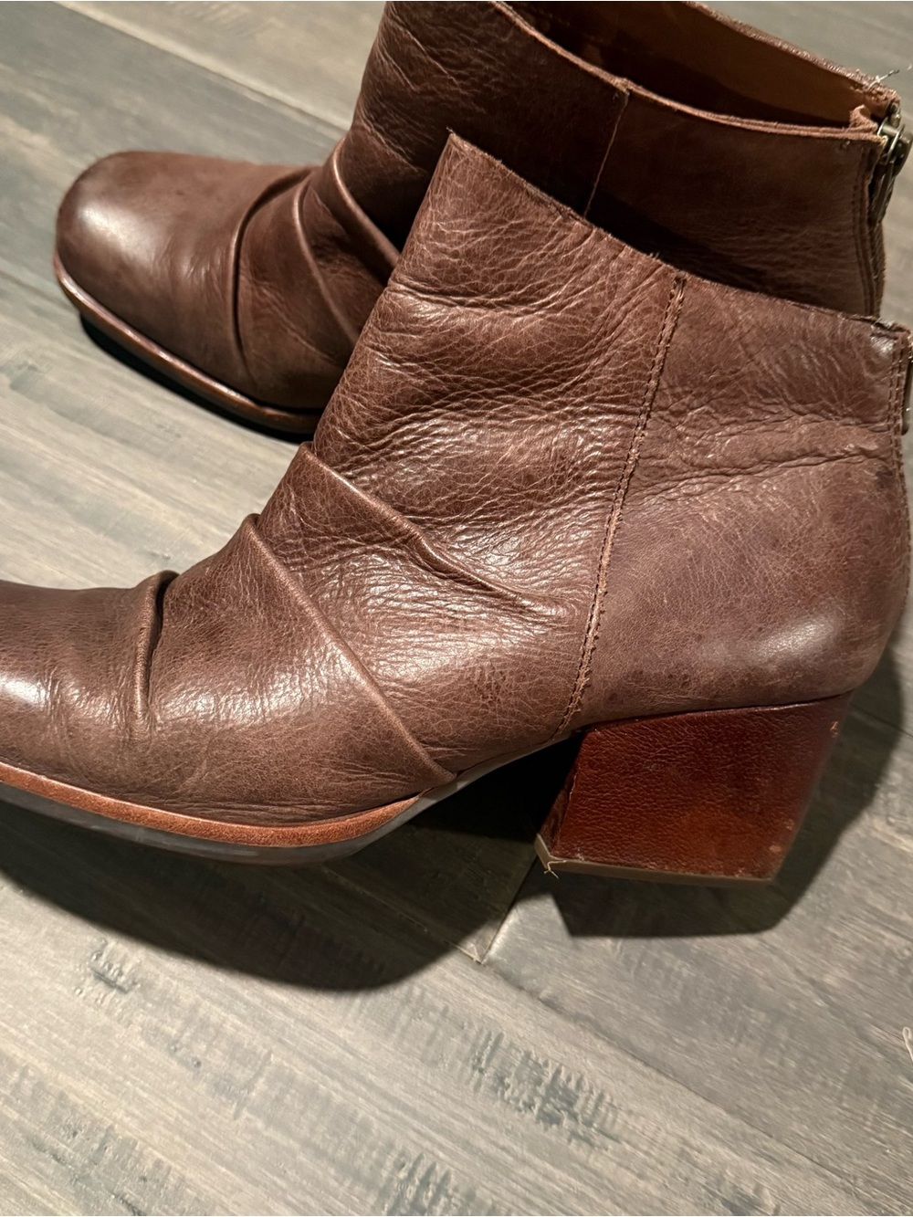 Kork Ease Kissel Chunky Ankle Boots Square Toe Leather Ruched Sz 9.5 boho